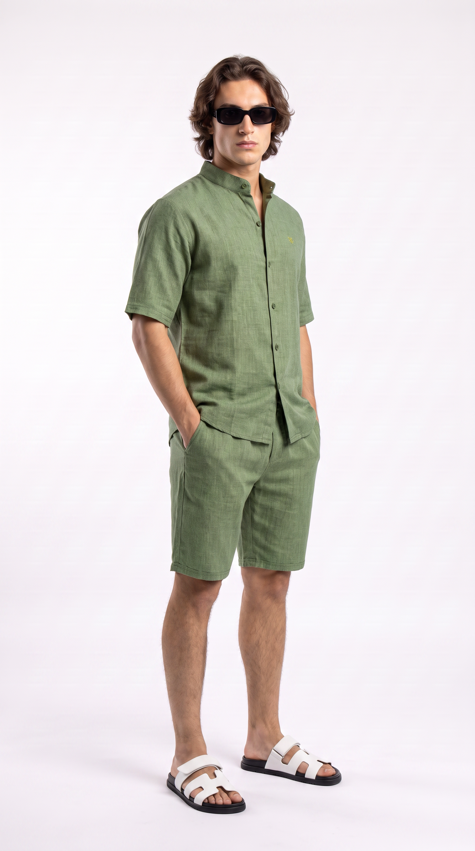 Olive Linen Shirt & Shorts Set