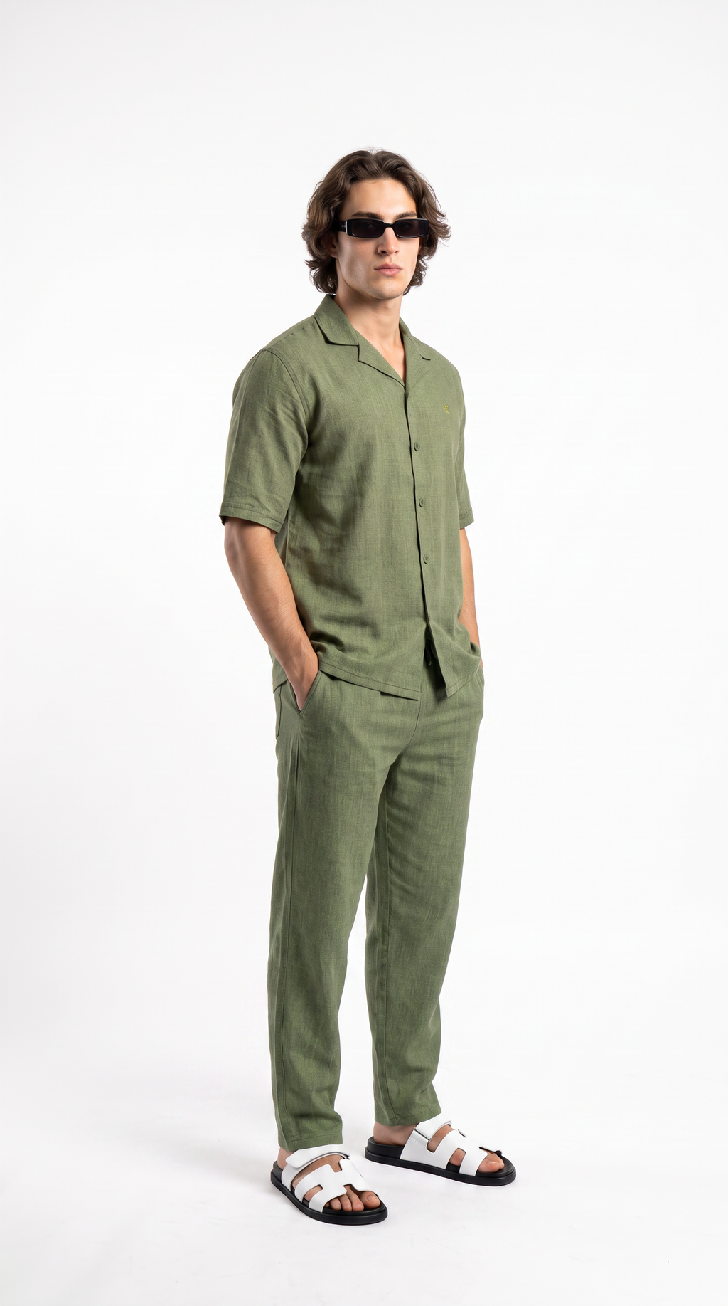 Olive Linen Shirt & Long Pants Set