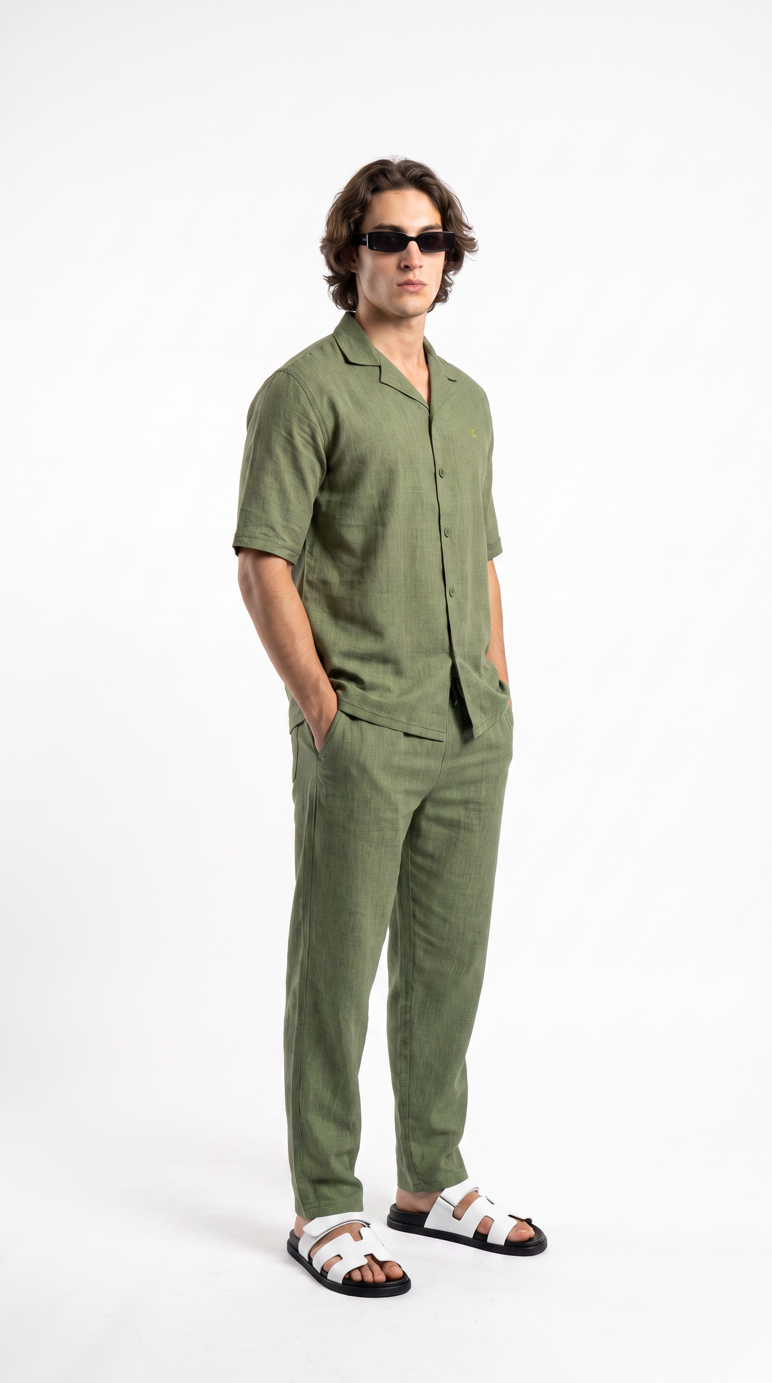 Olive Linen Shirt & Long Pants Set
