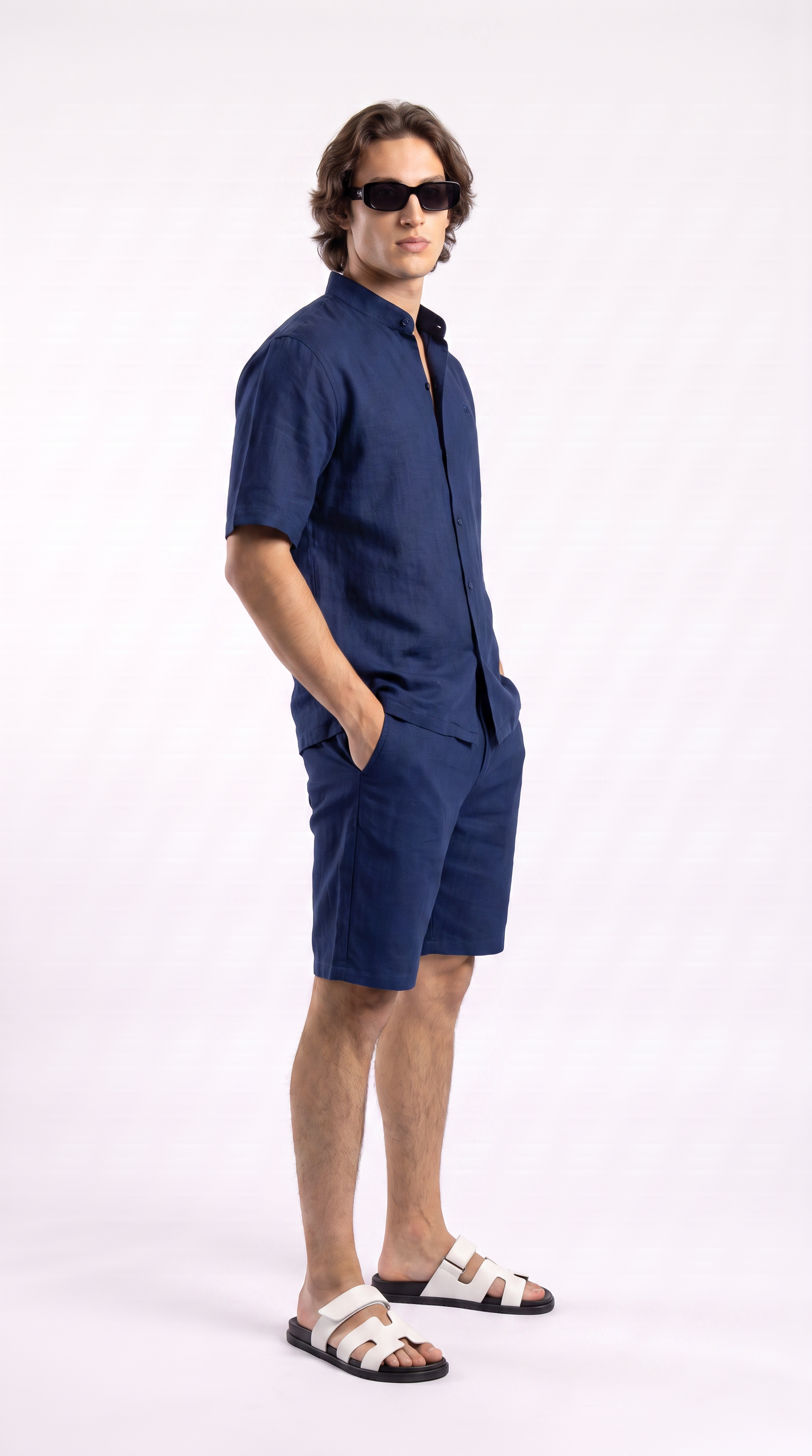 Navy Linen Shirt & Shorts Set