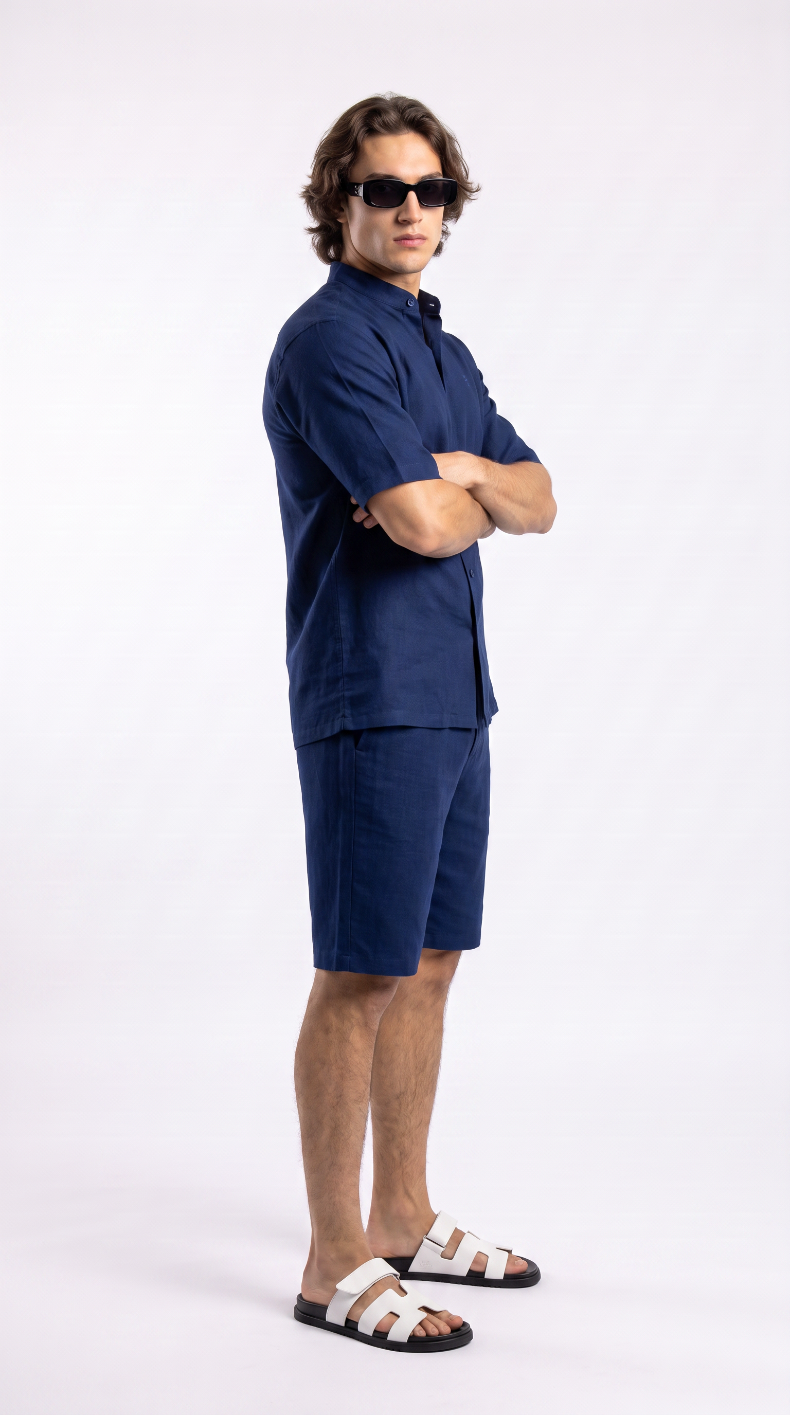 Navy Linen Shirt & Shorts Set
