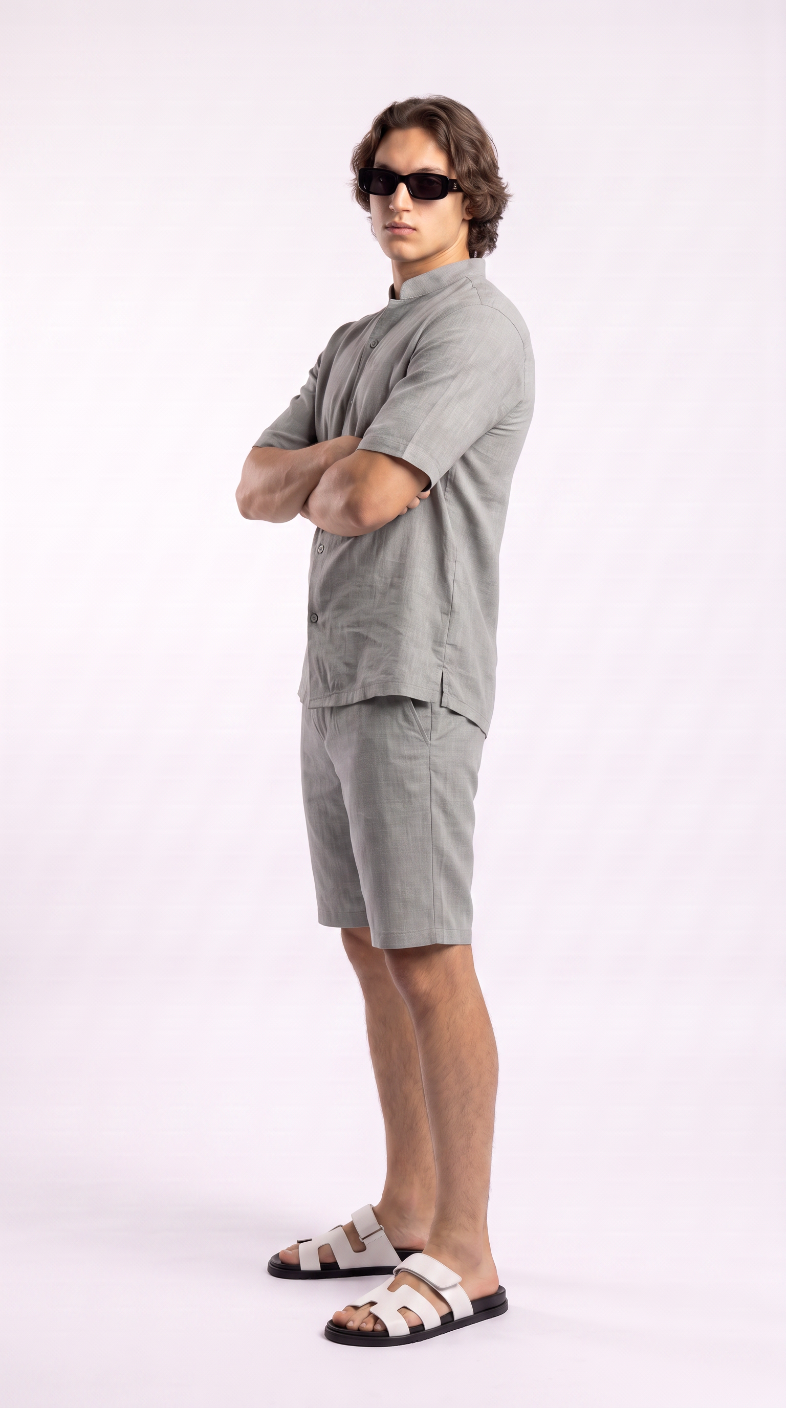 Silver Linen Shirt & Shorts Set