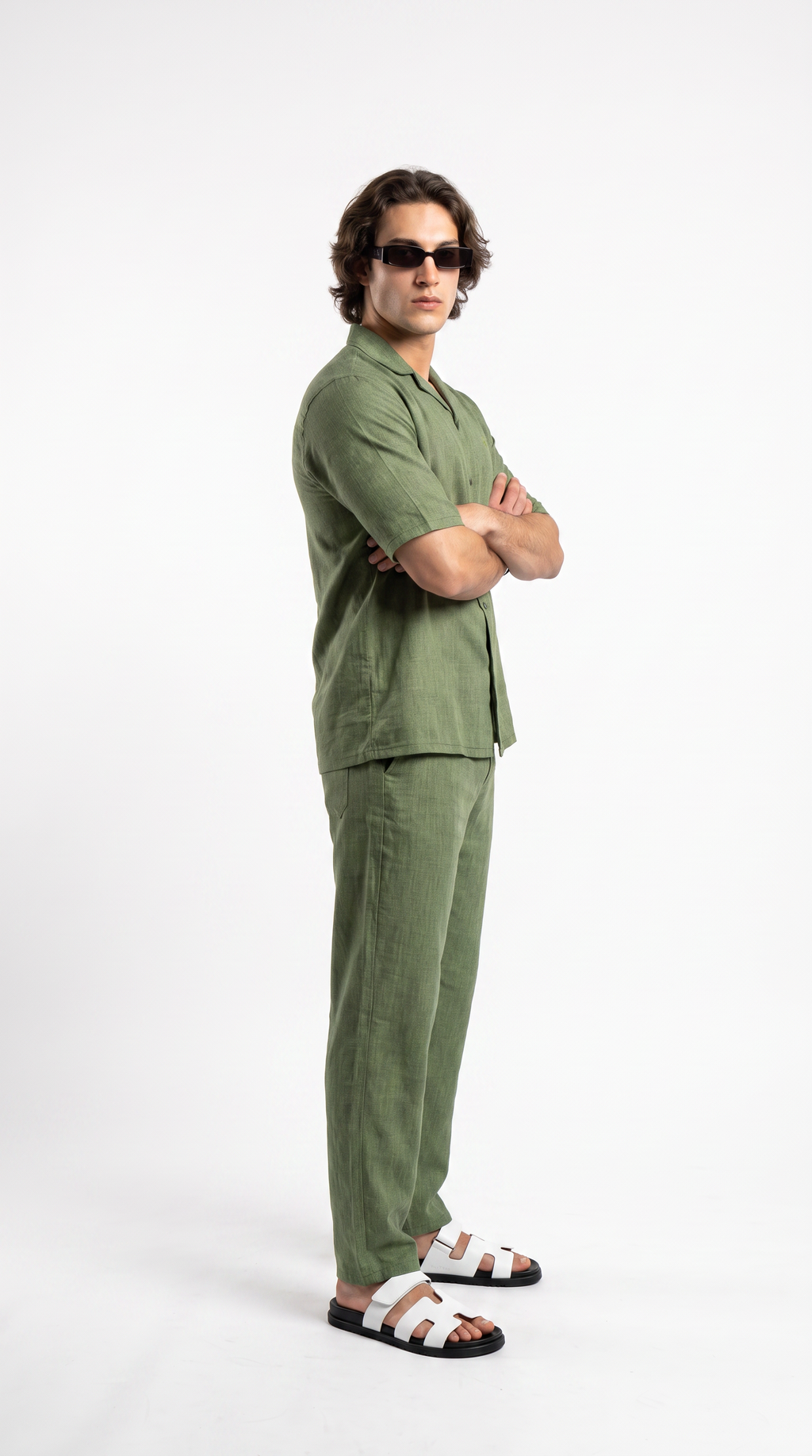 Olive Linen Shirt & Long Pants Set