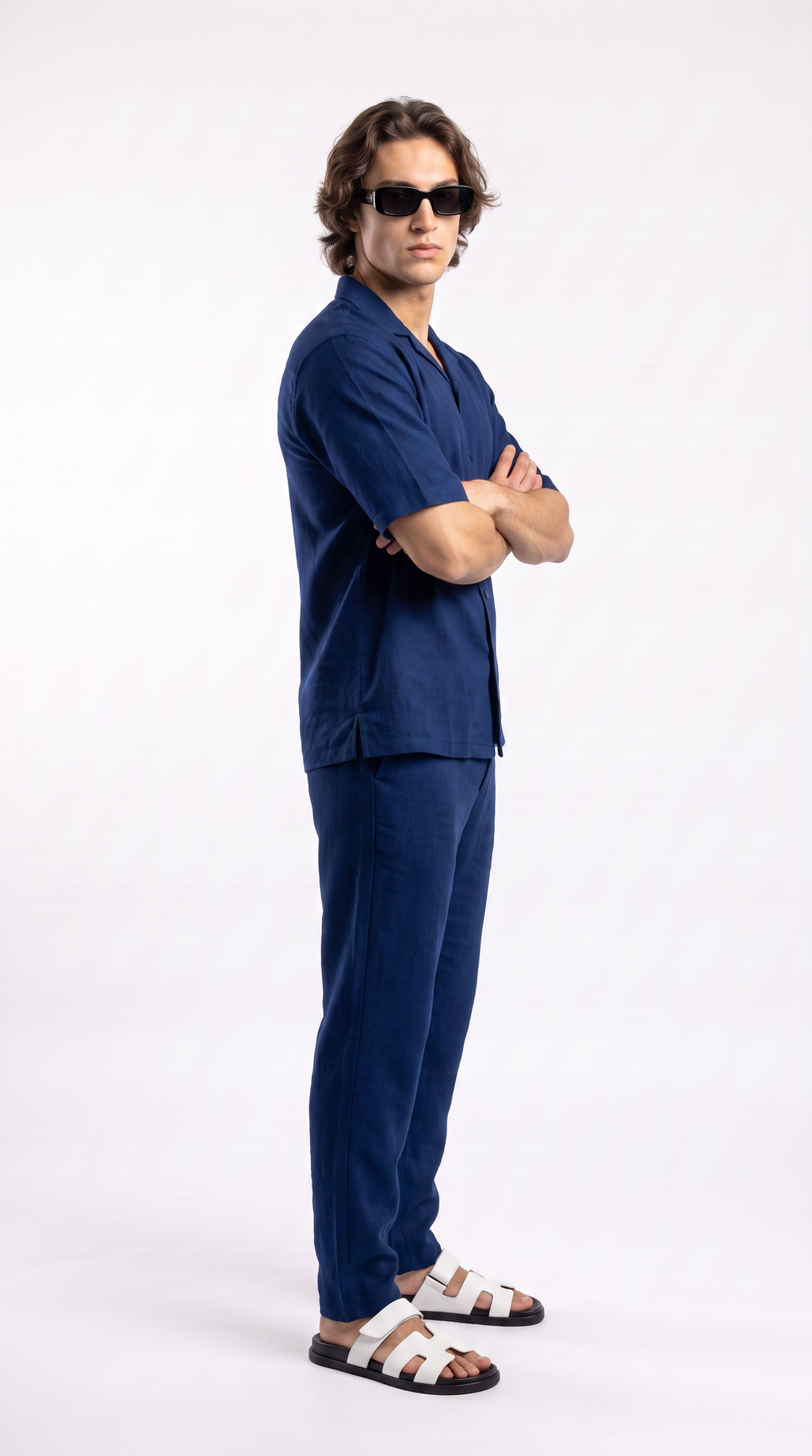 Navy Linen Shirt & Long Pants Set
