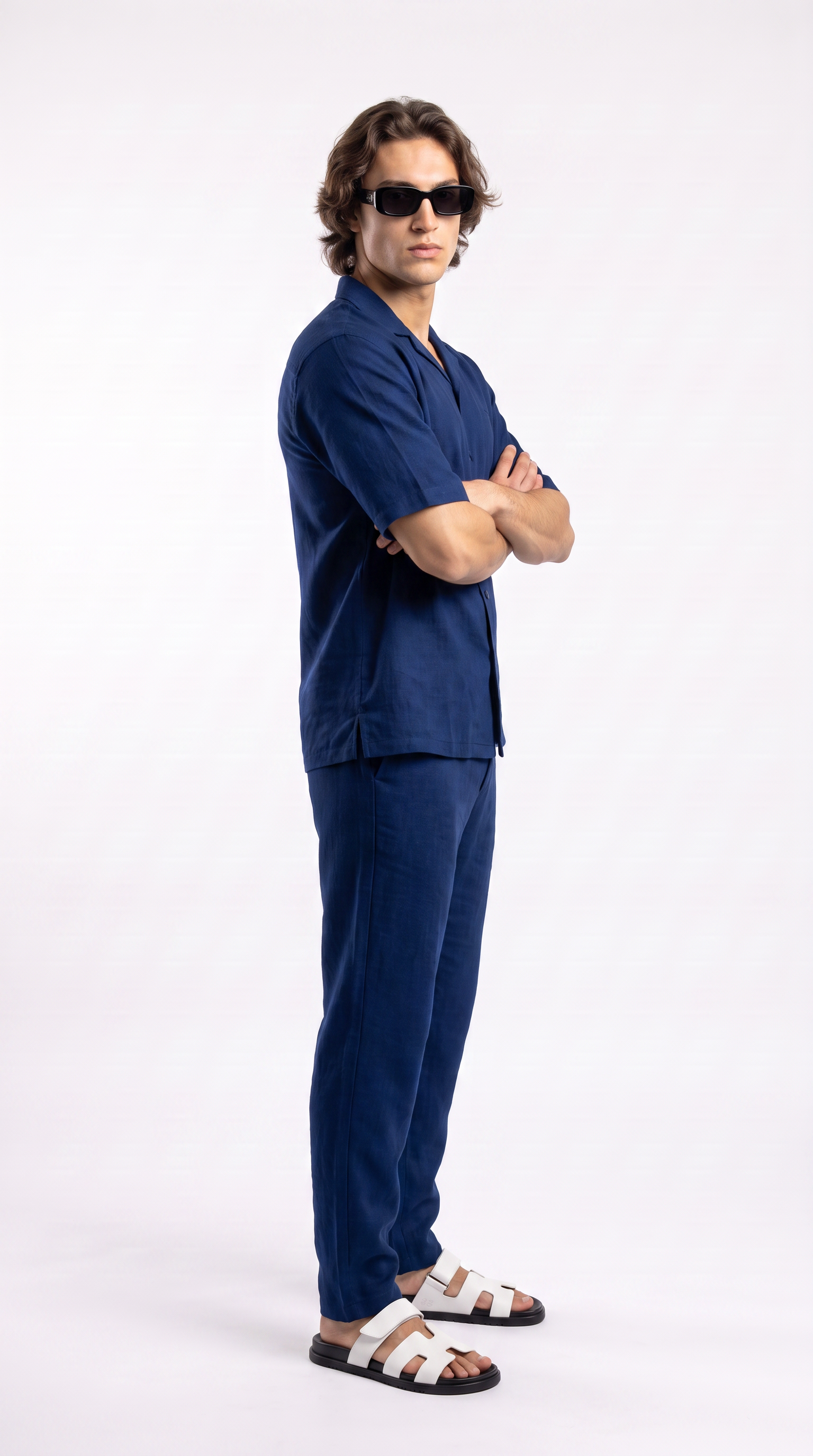 Navy Linen Shirt & Long Pants Set