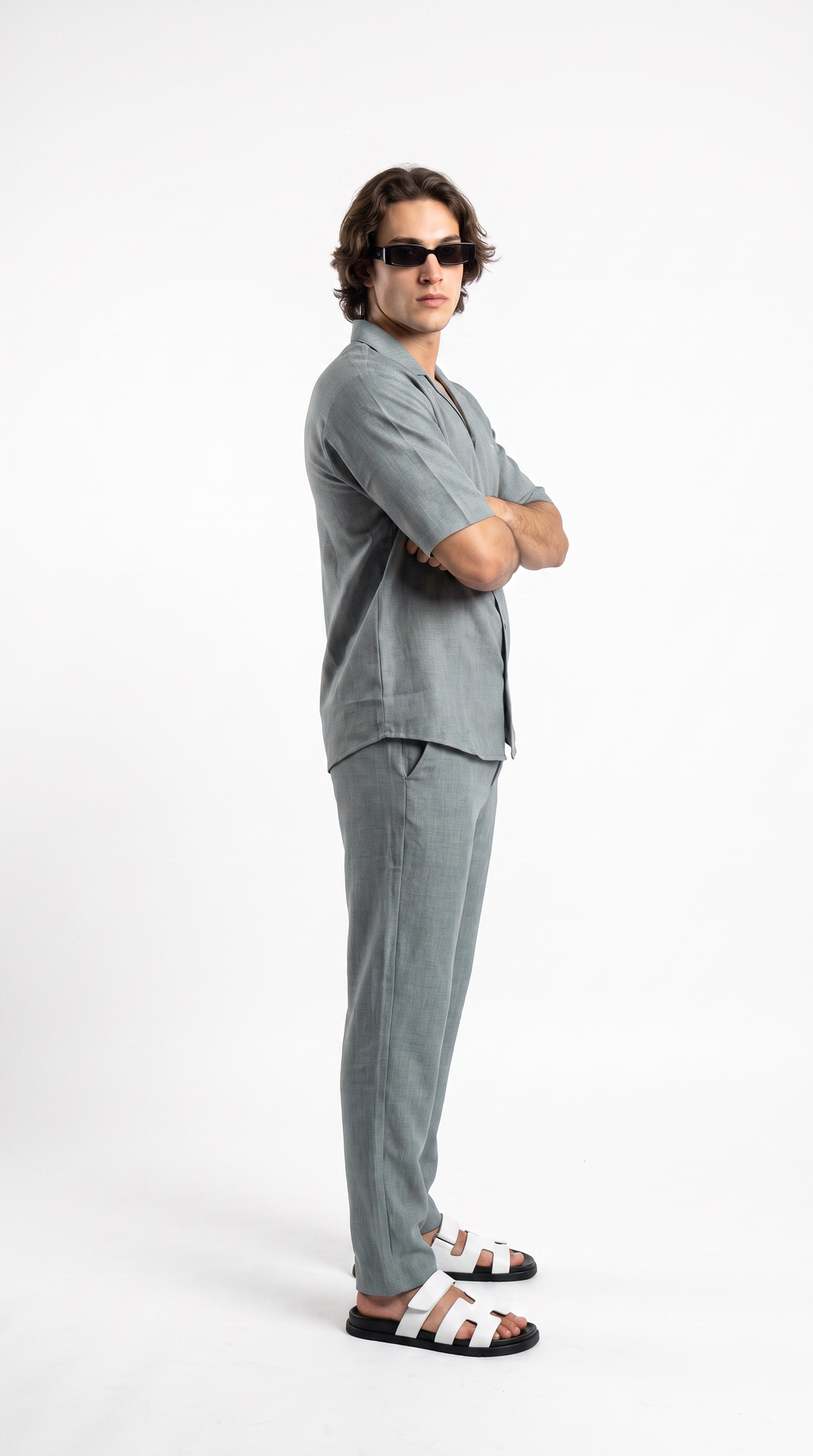 Silver Linen Shirt & Long Pants Set