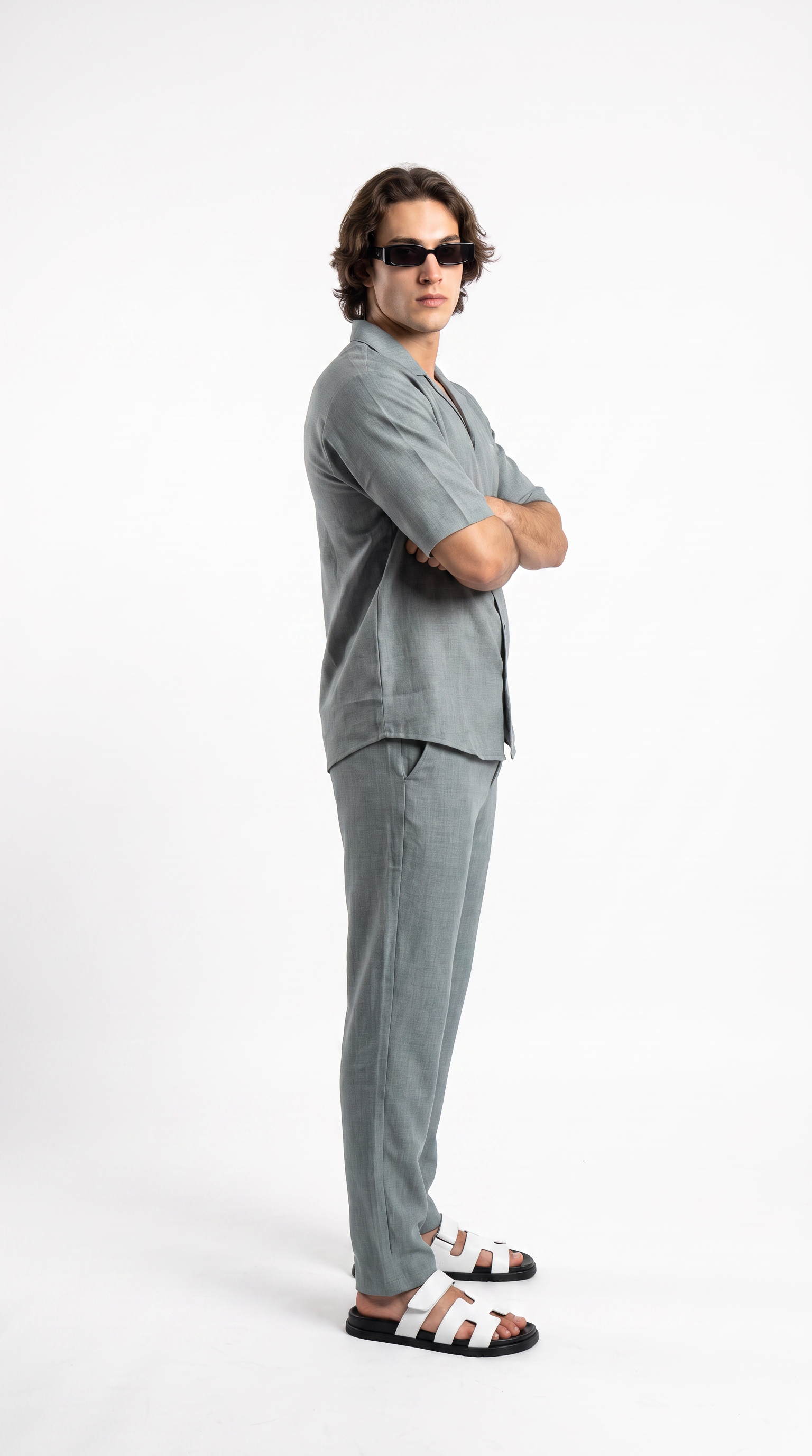 Silver Linen Shirt & Long Pants Set