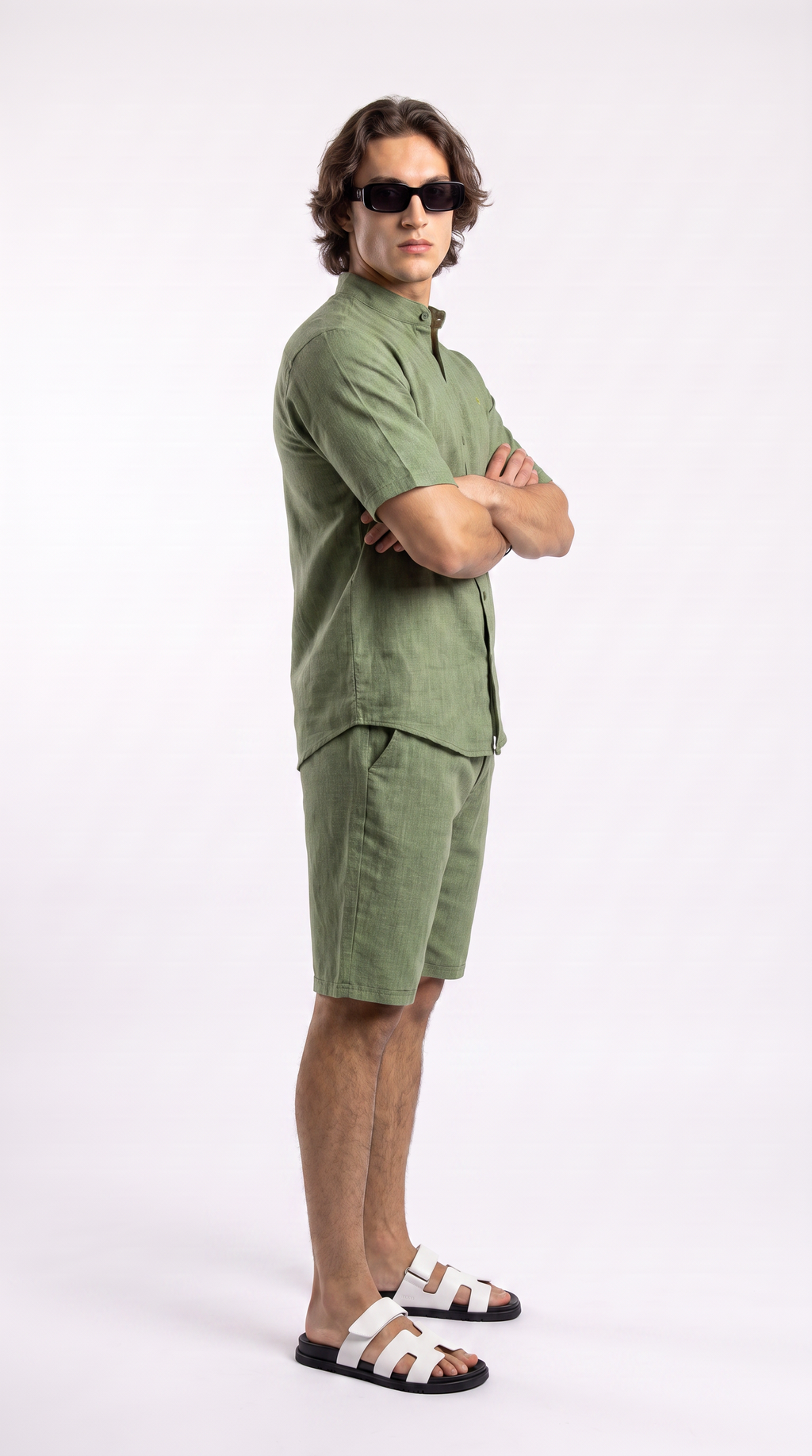 Olive Linen Shirt & Shorts Set