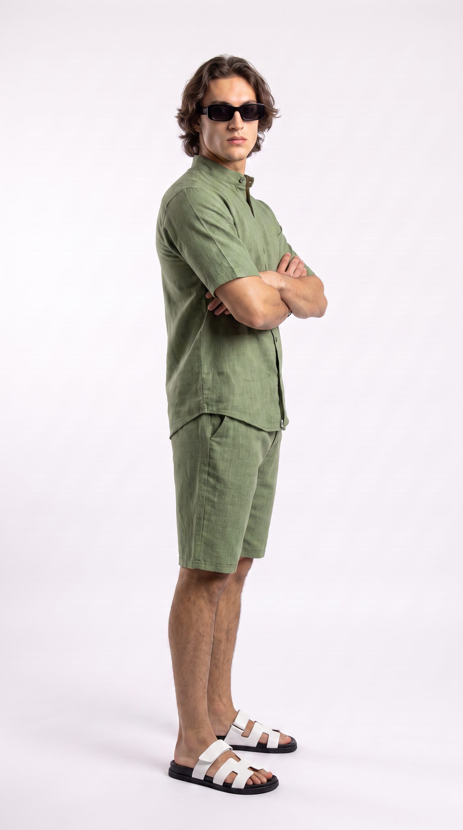 Olive Linen Shirt & Shorts Set