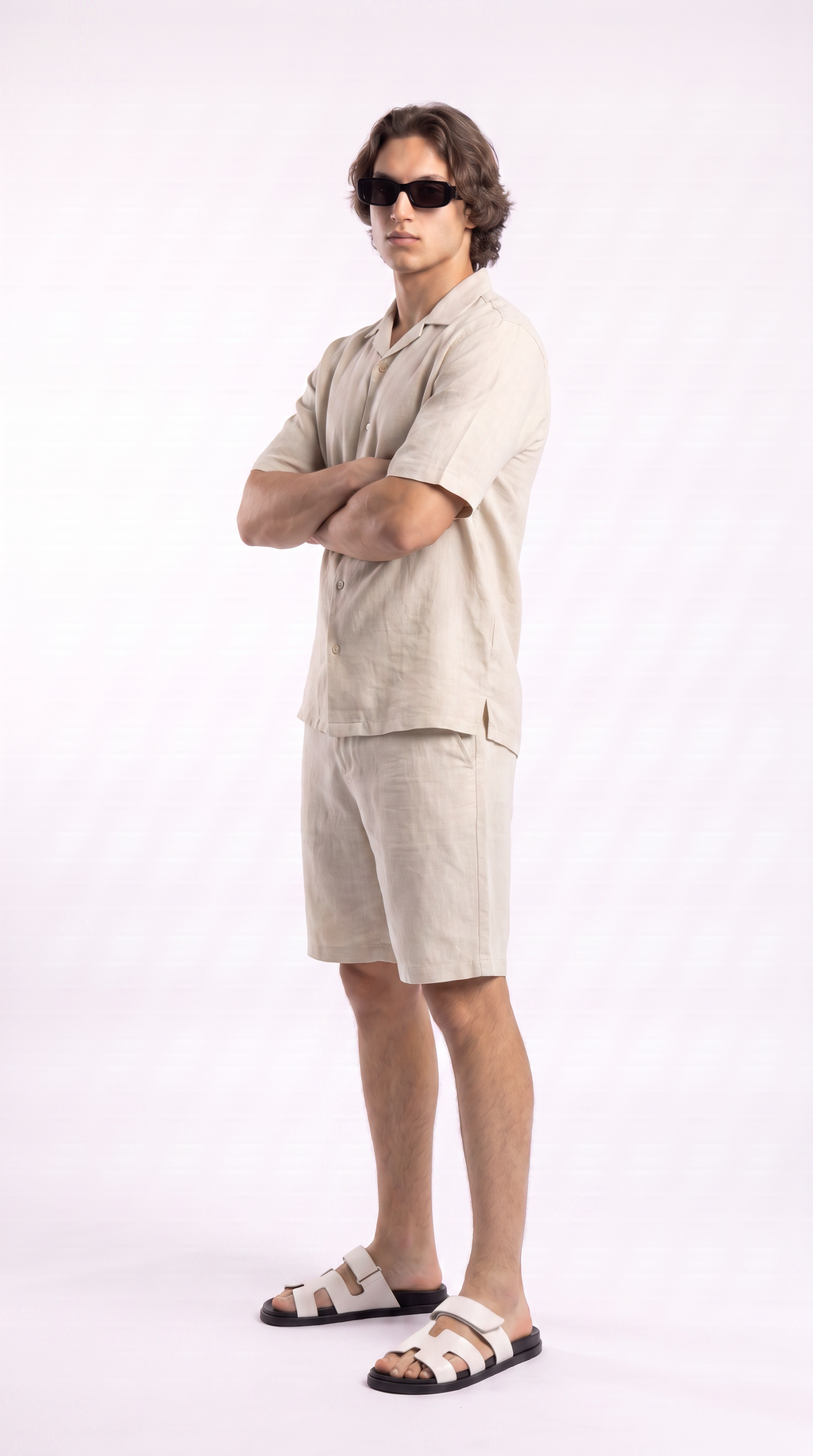 Light Beige Linen Shirt & Shorts Set