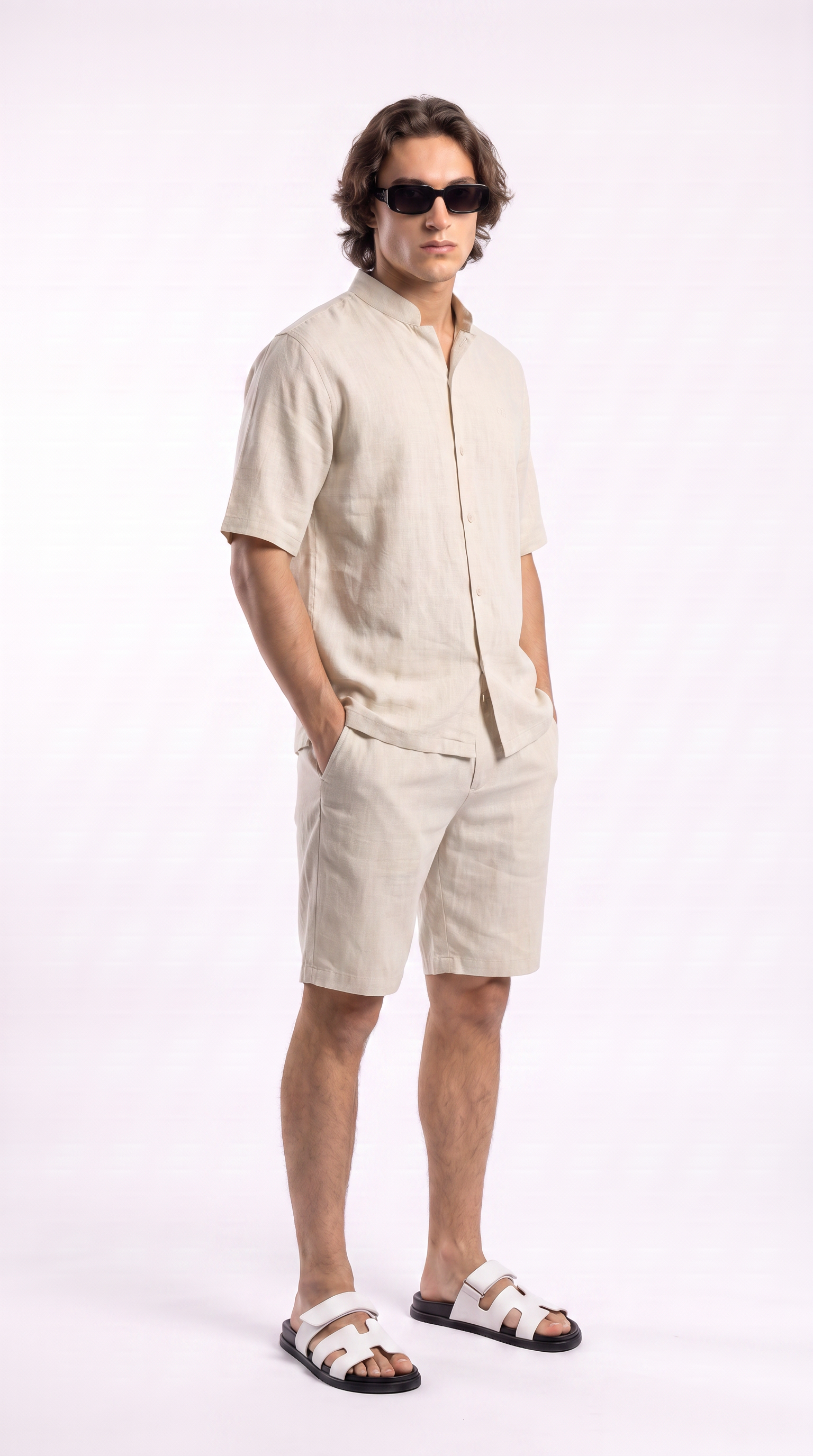 Light Beige Linen Shirt & Shorts Set