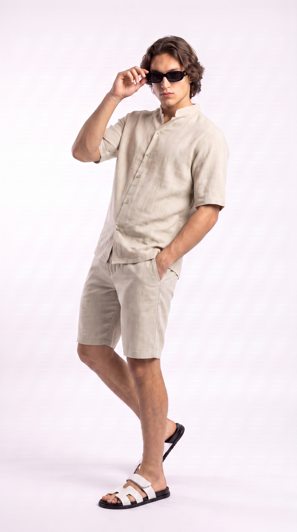 Light Beige Linen Shirt & Shorts Set