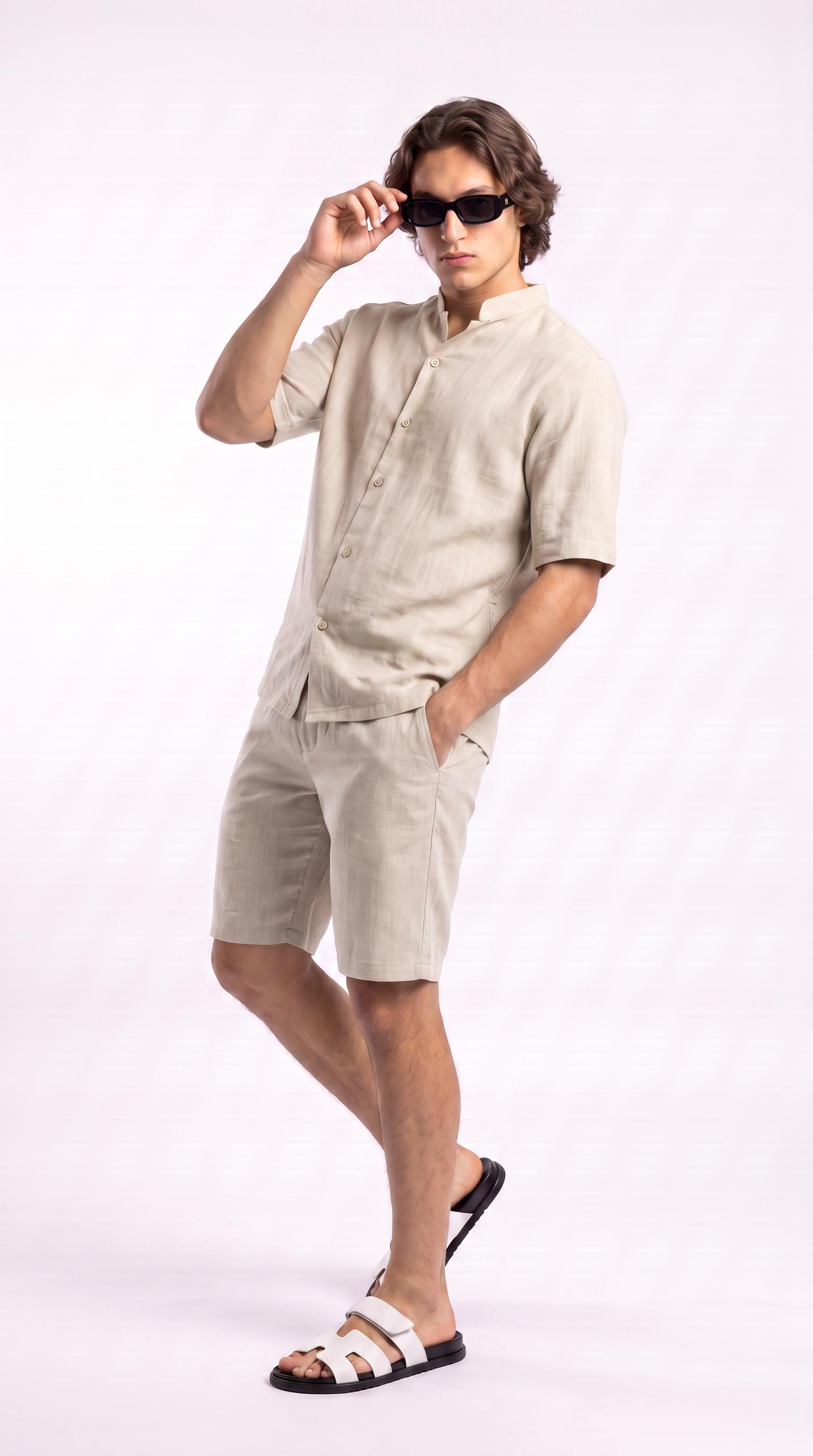 Light Beige Linen Shirt & Shorts Set